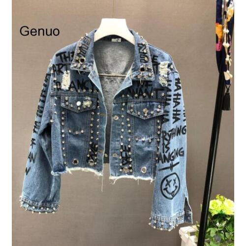 NEW Styles Denim Jackets Women High Street Graffiti Personality Raw Cut Rivet Jacket Fringe Jean Coat Womens Clothes Outwear