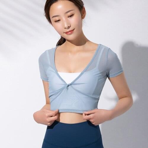 Summer Breathable Mesh Sports Shirts Women Gym Crop Top Kink Short Sleeve Yoga Top Fitness T Shirt Sexy V Neck Workout Shirts