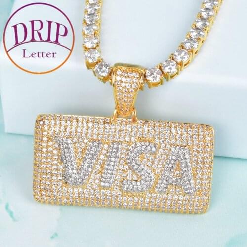 Letter Card White Gold Color Pendant Bling Two Tone Cubic Zircon Mens Hip Hop Necklace Jewelry