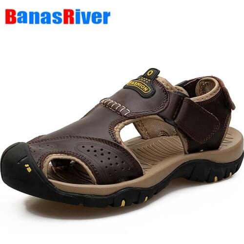 Big Size Leather Cowhide Men Sandals Summer Quality Beach Slippers Fashion Outdoor Walking Flats Casual Sneakers Outdoor Shoes