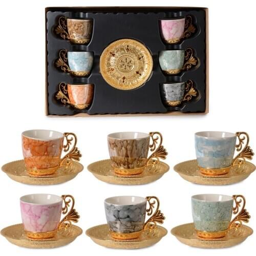 Espresso Coffee Cups with Saucers Set of 6, Porcelain Turkish Arabic Greek Coffee Cup Saucer, coffee Cup set wedding Gifts, Gold/Mix