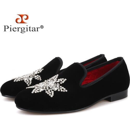 Piergitar 2019 New Style Black velvet Men Loafers with Silver Rhinestone Fashion Party and Banquet mens casual shoes slip-on