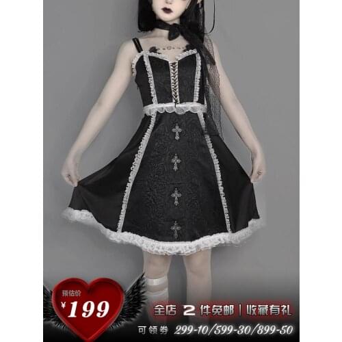 Original Gothic black sling dress lace cross bandage summer punk girls rock personality design vintage sleeveless dress vestidos