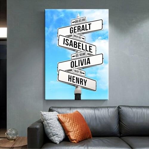 Personalized Intersection Street Sign with 2-6 NamesDates Unframe Canvas Painting Wall Art Modular Custom For Living Room Decor