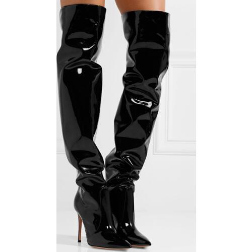 New Fashion Black Patent Leather Women Over The Knee Boots Sexy High Heel Boots Ladies Slip On Knight Boots 2018 Pleated Boots
