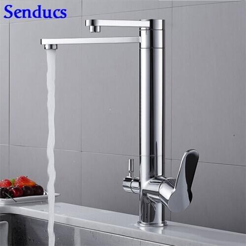 Senducs Chrome Water Filter Two Outlet Hot Cold Kitchen Sink Mixer Tap Quality Brass Chrome Kitchen Water Filter Faucet