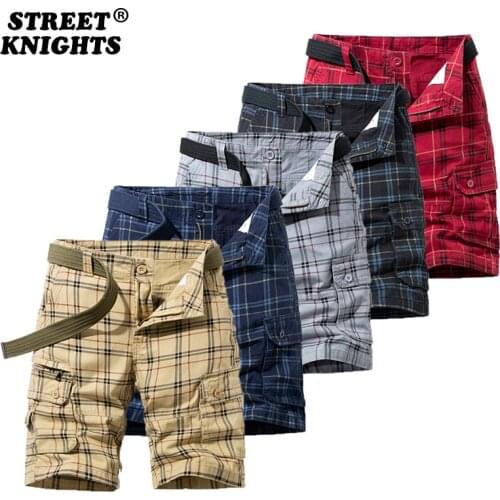 2021 New Summer Fashion Plaid 100% Cotton Casual Breeches Cargo Men Shorts Men Breathable Quick Dry Multi Pocket Hip Hop Shorts