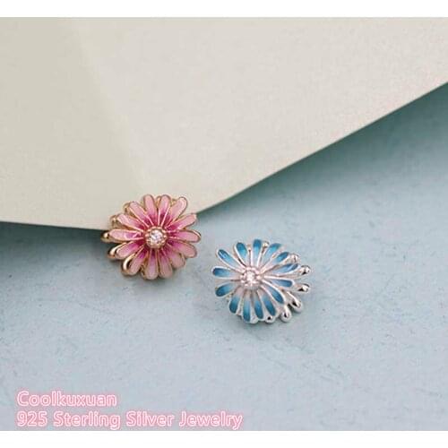 Spring 100% 925 Sterling Silver Blue and Pink rose gold Daisy Flower Charm beads Fits Original Pandorabracelets Jewelry