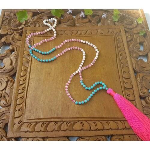 Bright Tassel Necklace Turquosie Clear Crystal Necklace Hand Knotted Pink Womens Necklaces Yoga Mala Necklaces gift for her