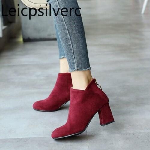 Womens Boots winter new style fashion Metal Decoration Round head zipper Thick heel High heel Womens shoe plus size 32-45