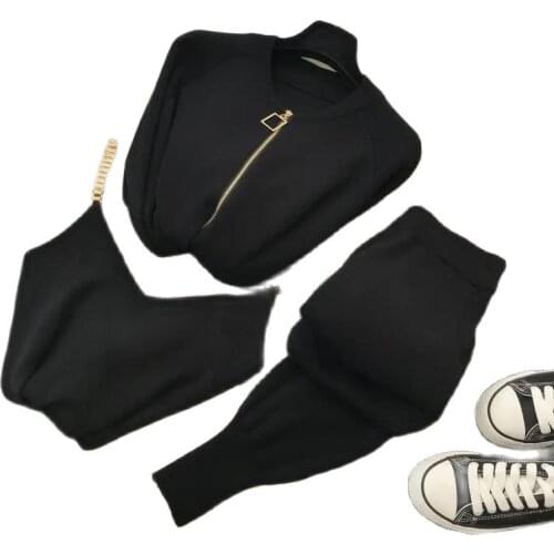 2 Piece Woman Set Sweater Fashion 2021 Spring And Autumn New Temperament Chain Vest Knitted Jacket + Three-Piece Elastic Pants