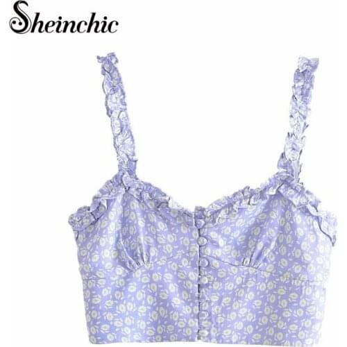 Elegant Ruffles Floral Printed Tops Women 2021 Summer Casual Short Chiffon Tank Femme