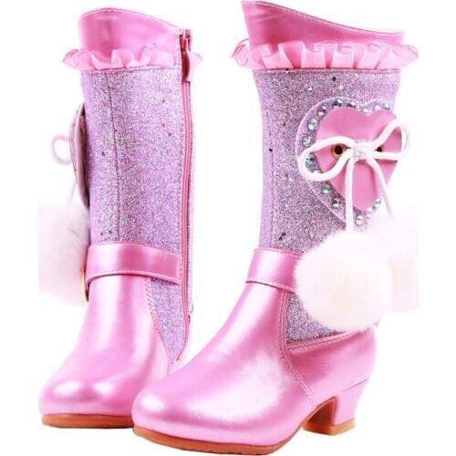 ULKNN Boots for Winter New Girls Leather Shoes High Heel Boots Students Non-slip Round Toe Childrens Princess Pink Boot
