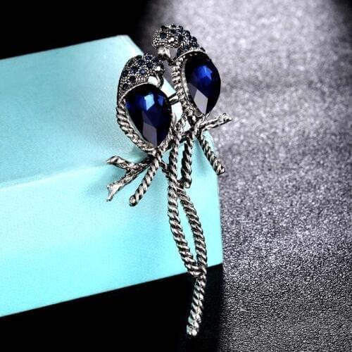 Zlxgirl cute two blue birds shape Brooch Pins men jewelry fashion antique silver vintage animal Brooches Rhinestone hijab pins