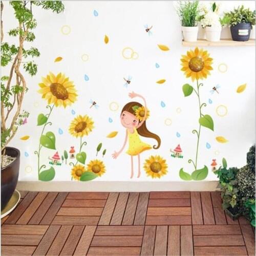 1 pcs Sunflower Girl Wall Sticker Flower on The Wall Art Nursery Decals for Kids Room Bedroom Living Room