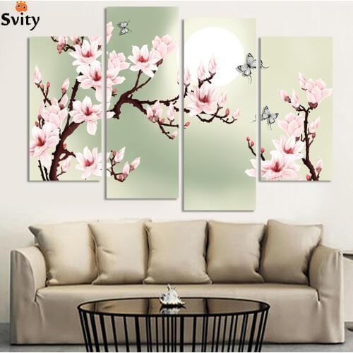 4 piece canvas art green Pink decoration of orchids painting wall pictures for living room modern flower Pictures