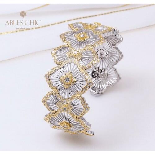 925 Silver Engraved Floral Daisy Bangle Bracelet Paved CZ Traditional Lace Detail Cocktail Wedding Wide Cuff Luxury Fine Jewelry