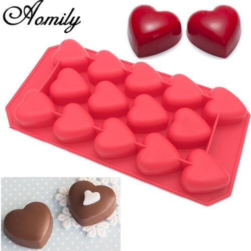 Aomily 14 Holes Romantic Heart Shaped 3D Chocolate Cake Mold Bakeware Silicone Handmade Pop Candy Pudding Muffin Icecream Mould