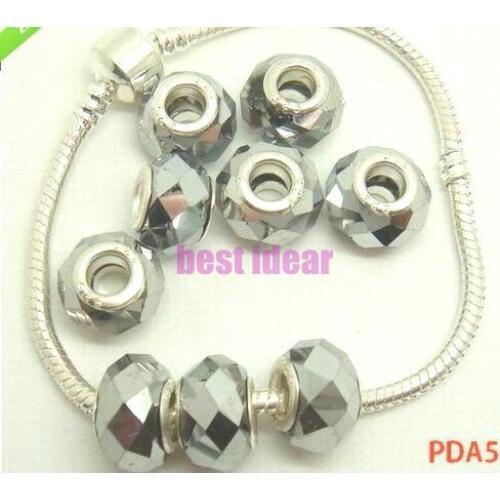 Free Shipping 50pcs Silver plated Cut &Faceted Glass Beads Big Hole Fit European Charms Bracelet 14x8mm