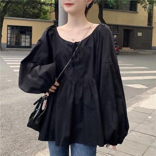 Blouses Women Loose Plus Size Top Female Spring Round Neck Students Sweet Korean Style Leisure Long Sleeve Pure Color Shirts