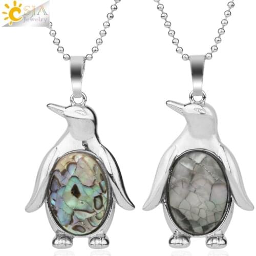 CSJA Cute Penguin Pendants Necklaces Natural Shell Animal Egg Shaped Seashell Pendant Lovely Fashion Jewelry for Women Girl G170