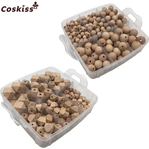 2 Boxed Wooden Teether Beech Geometric Hexagon Round Beads Wooden Teether Pacifier Clip baby teething necklace Accessories