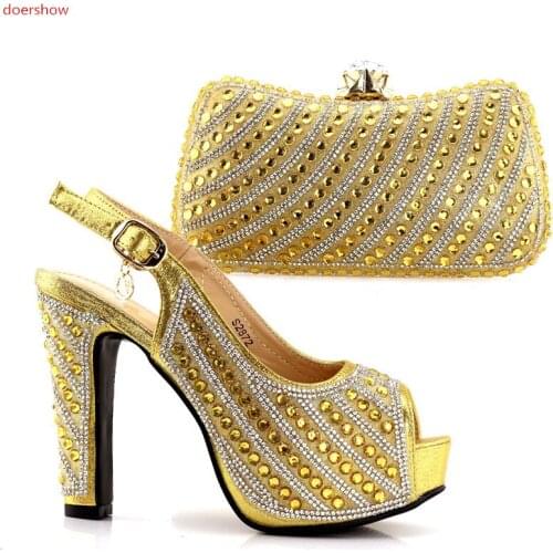 Doershow fashion gold color Italian Shoes With Matching Bag High Quality Italy Shoe And Bag set For wedding and party SJCC1-15