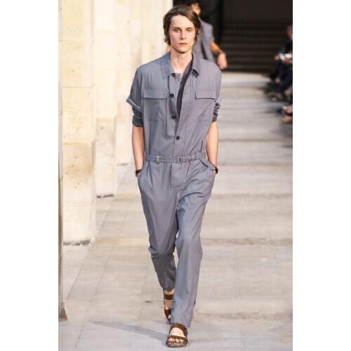 [ElfStyle] -Mens Long jumpsuit Buckle Belt overalls Shirt Collar Button UP Chest Pockets male trousers plus size Cargo pantsMens