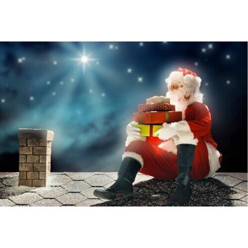 Christmas Night Party Decor Backdrop Santa Claus Holding Gifts Sitting On The Roof Background Xmas Family Party Photo Booth