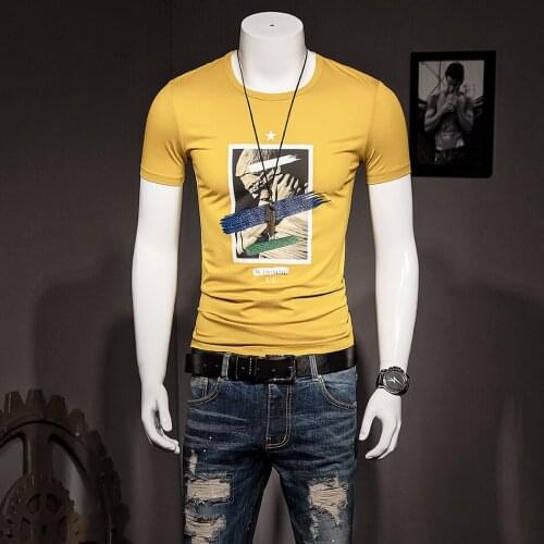 Mens Yellow Short Sleeve T-shirt 2021 Summer New Printed Cotton Slim High-Quality Comfortable Trend Half Sleeve Male Top