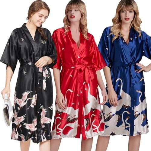 Hot Large Size Silk Sleepwear White Bird Print Nightwear Women Oversize Size Bowknot Nightgown Loose Plus Size Homewear Dress