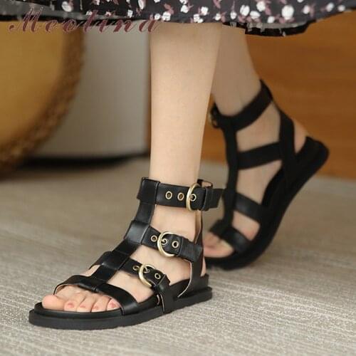 Meotina Gladiator Shoes Women Genuine Leather Sandals Flat Buckle Sandals Round Toe Cow Leather Lady Footwear Summer Black 2021