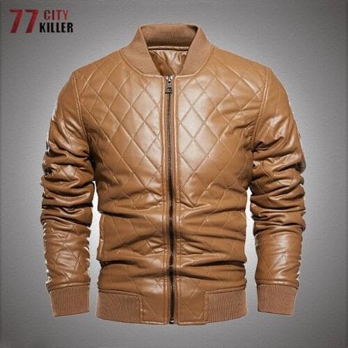 Moto PU Leather Jackets Men Winter Fleece Tactical Casual Rhombus Faux Leahter Jacket Men Stand Collar Cycling Coats EU Size XXL