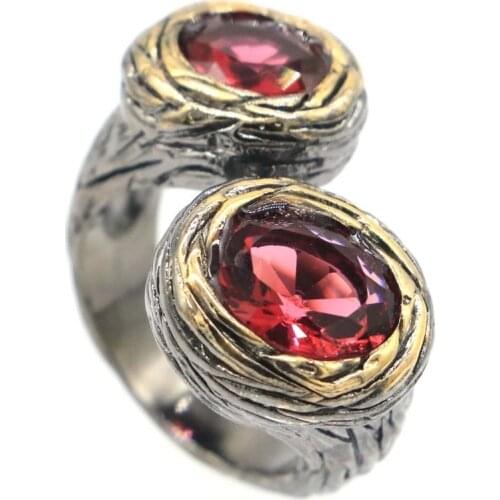 27x15mm Neo-Gothic Vintage Created Rhodolite Garnet Pink Kunzite Paris Blue Topaz Women Gift Black Gold Silver Rings HipHop