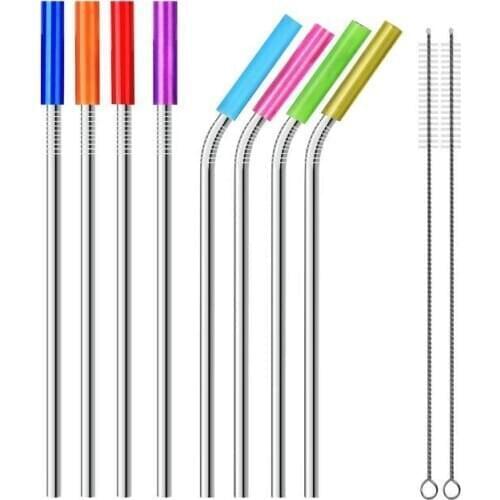 Stainless Steel Straws Reusable straight and bend Metal Straws With Silicone Tips Cleaning Brush bar drinking straw