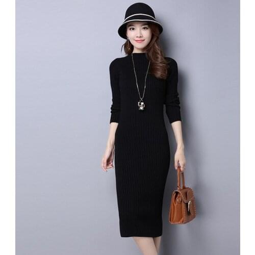 Casual Sheet Herfst And Winter 2021 New Fashion Women Slim Fit Solid Around the Throat Long Thicken Warm Ladies Trui dress