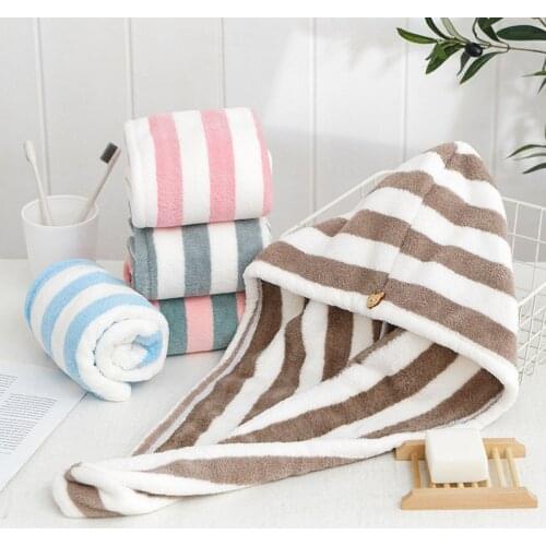 New Microfiber Hair Towel Coral Velvet Soft Quick Drying Hair Towel Stripe Print Super Absorbent With Button Turban Bath Hat
