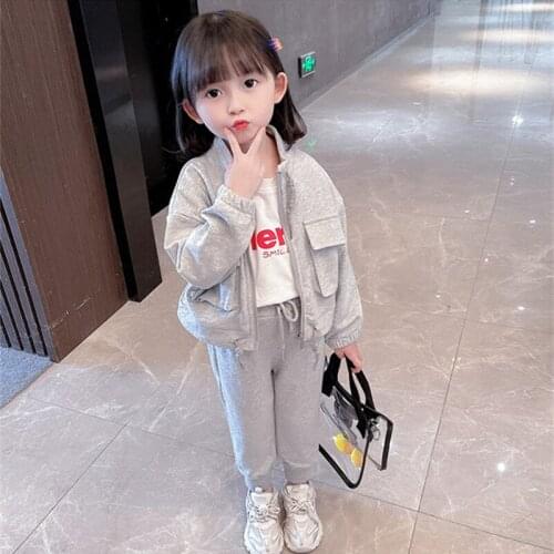New Arrival Autumn Children Clothing Sets Solid Color Big Pocket Zipper Cardigan Coat+Long Pant Casual Two Piece Sport Suits