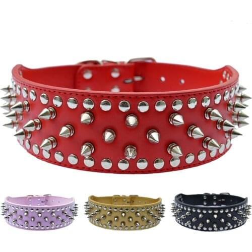 2" Wide Spiked Studded Leather Dog Collars Pitbull Bulldog Big Dog Collar Adjustable For Medium Large Dogs Boxer M L XL XXL