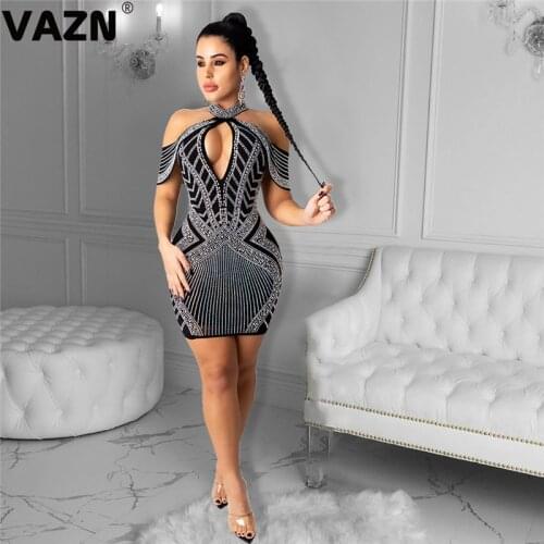 VAZN New Sequins Glitter Halter Elegant Fashion Chic Ladies Slim Holiday Shinny Dress 2020 Short Sleeve Lady Mini Dress