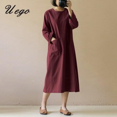 Uego Long Sleeve Linen Cotton Autumn Dress Plus Size S-5XL Loose Women Casual Dress Pockets Mori Girls Vintage Spring Dress