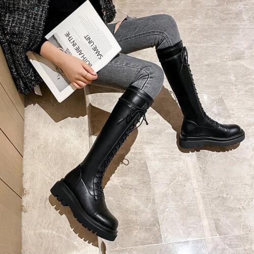 Women Luxury Mid Calf Boots Lace Up Platform Ladies Fashion Casual Zipper Pu Leather Shoes Woman Female Footwear Non Slip