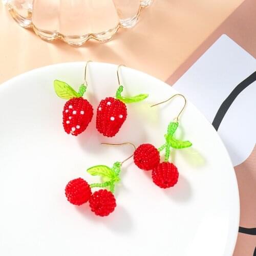 Earrings For Women 2021 Acrylic Leaf Beaded Ear Hooks Hand-Woven Strawberry Cherry Earrings Fruit Temperament Hyperbole Flower
