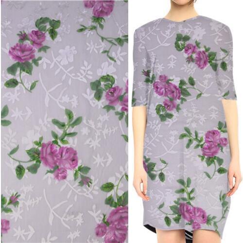Silk burnt-out satin fabric pink floral flower design on white background,SBO052