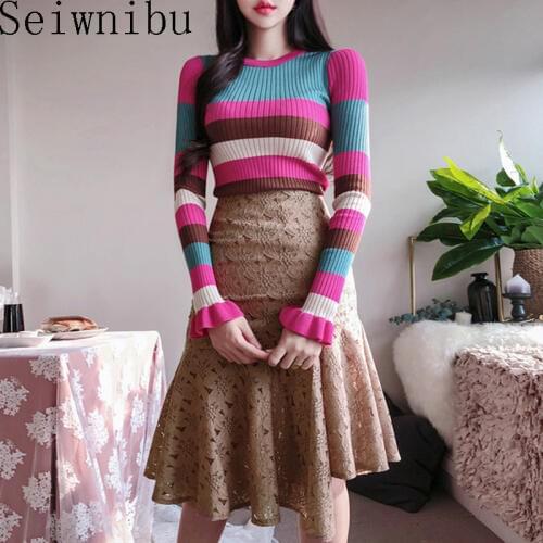 2 Piece Set Womens Rainbow Stripe Sweater and Lace hollow out Fishtail Skirts 2019 Autumn Winter Sweater Suits