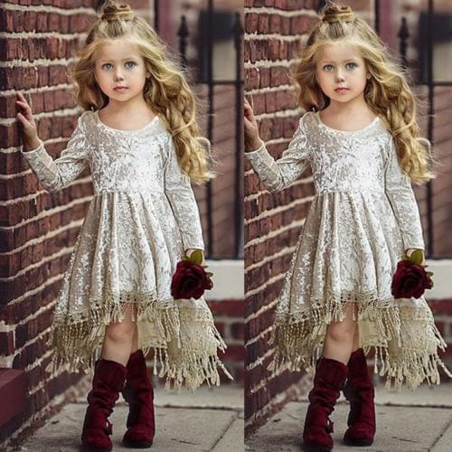 Vintage Princess Kids Baby Flower Girls Dresses Velvet Tassel Party Dress Gowns Babys Long Sleeve Round Neck Baby Clothing Sets