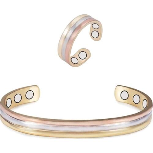 Wollet jewlery (CPB-0945SRG CPR-0950) Tri Tone Women for Health Copper Magnetic Bracelets Rings Sets Arthritis Women