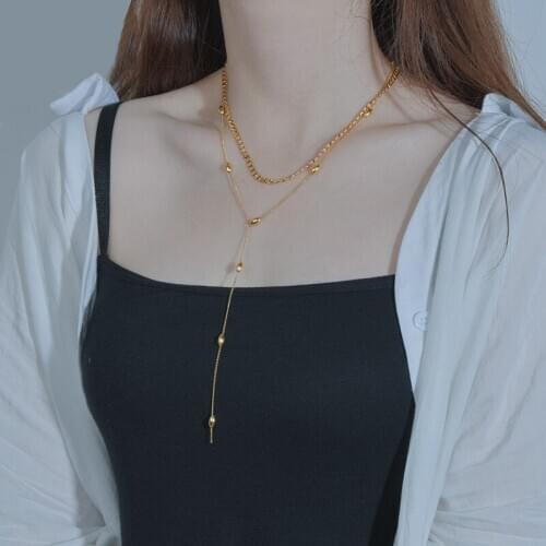 Beads Y-shaped Necklace for Women Double-layer Stainless Steel Tassel Pendant Necklace Jewelry Accessories Collares