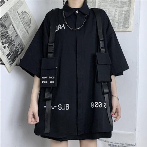 Safari Style Women Ribbon Pockets Cool Shirts Black Gothic Lady Street Loose Shirt Summer Harajuku Oversize Single Breasted Top