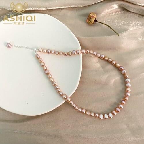 ASHIQI Natural Freshwater Pearl Baroque 925 Sterling Silver Necklace Button Jewelry for Women 2021 New